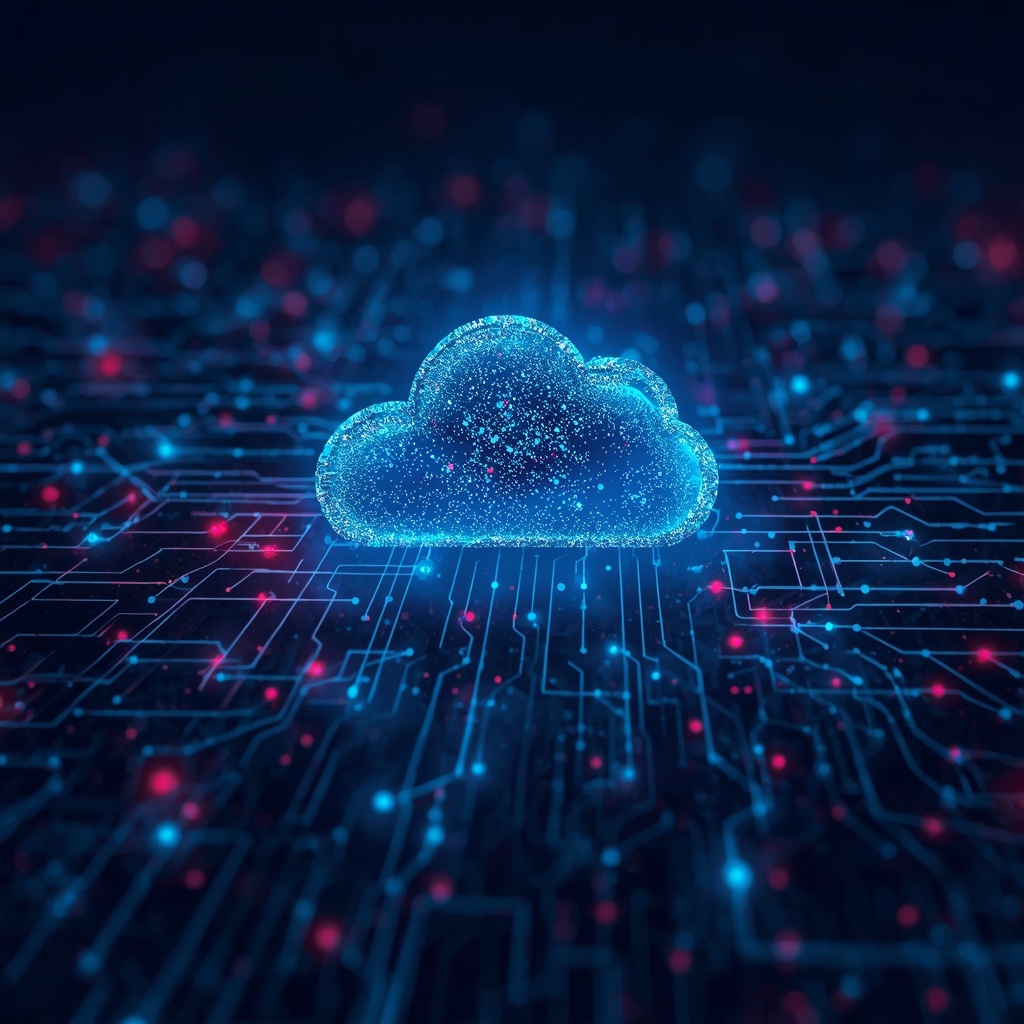 Abstract visualization of cloud computing technology with data streams and digital connections